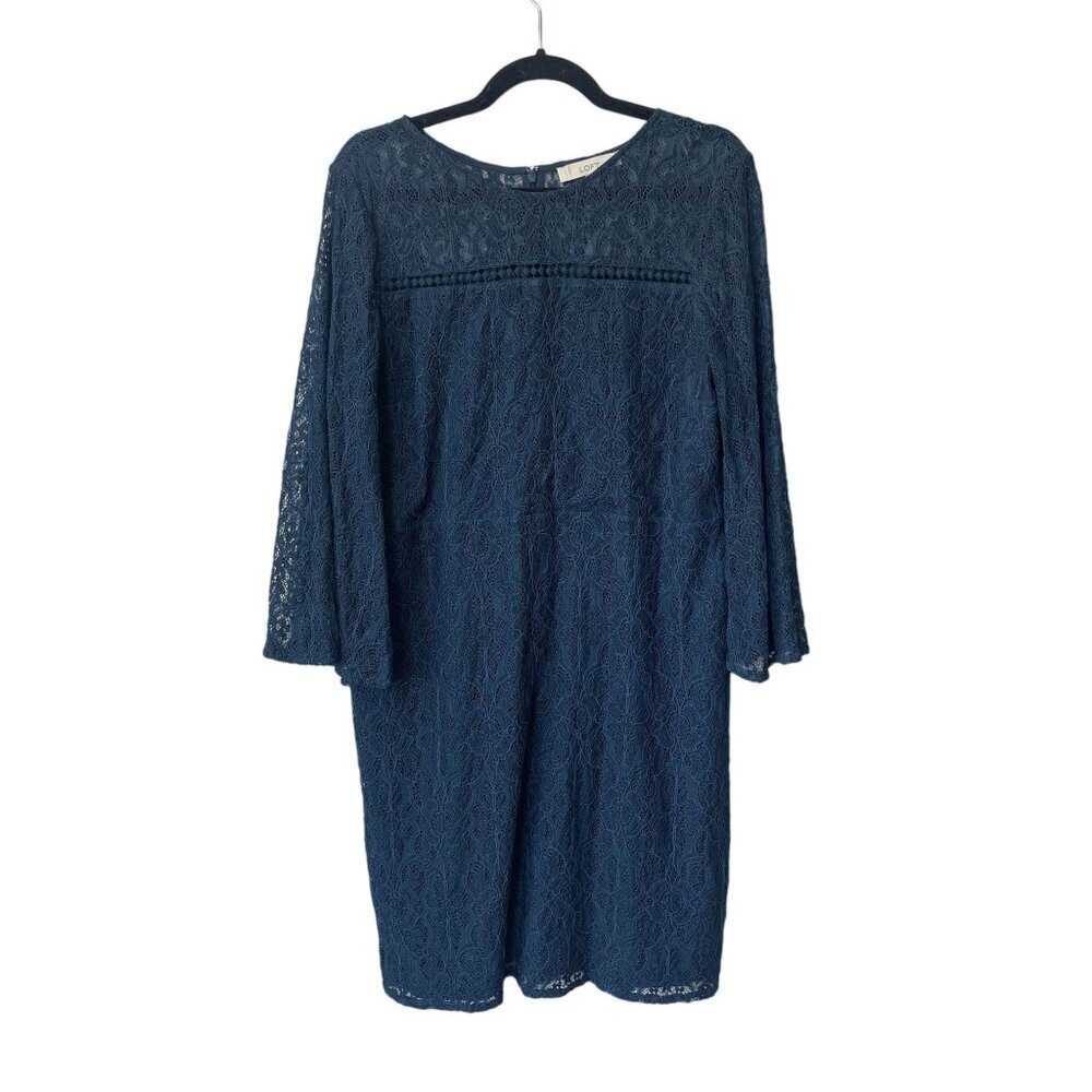 Loft Ann Taylor Blue Lace Shift Dress‎ Size L Bell Sleeve Elegant Cocktail Party